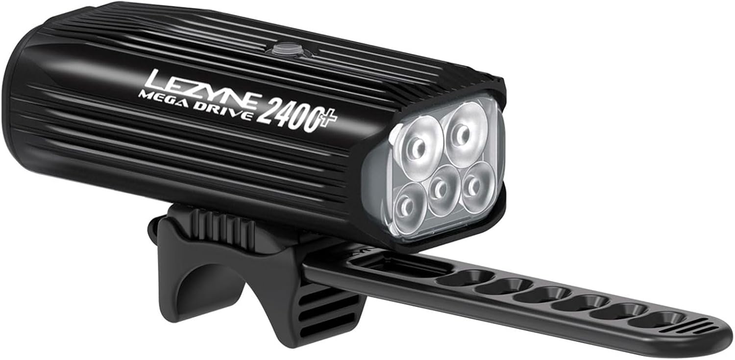 LEZYNE Mega Drive Bicycle USB Rechargeable Durable Weather-Resistant IPX7 White LED Front Light with Multiple Solid & Flash Modes | Integrated Silicone Rubber Strap Mount | 2400/1800 Lumens Options