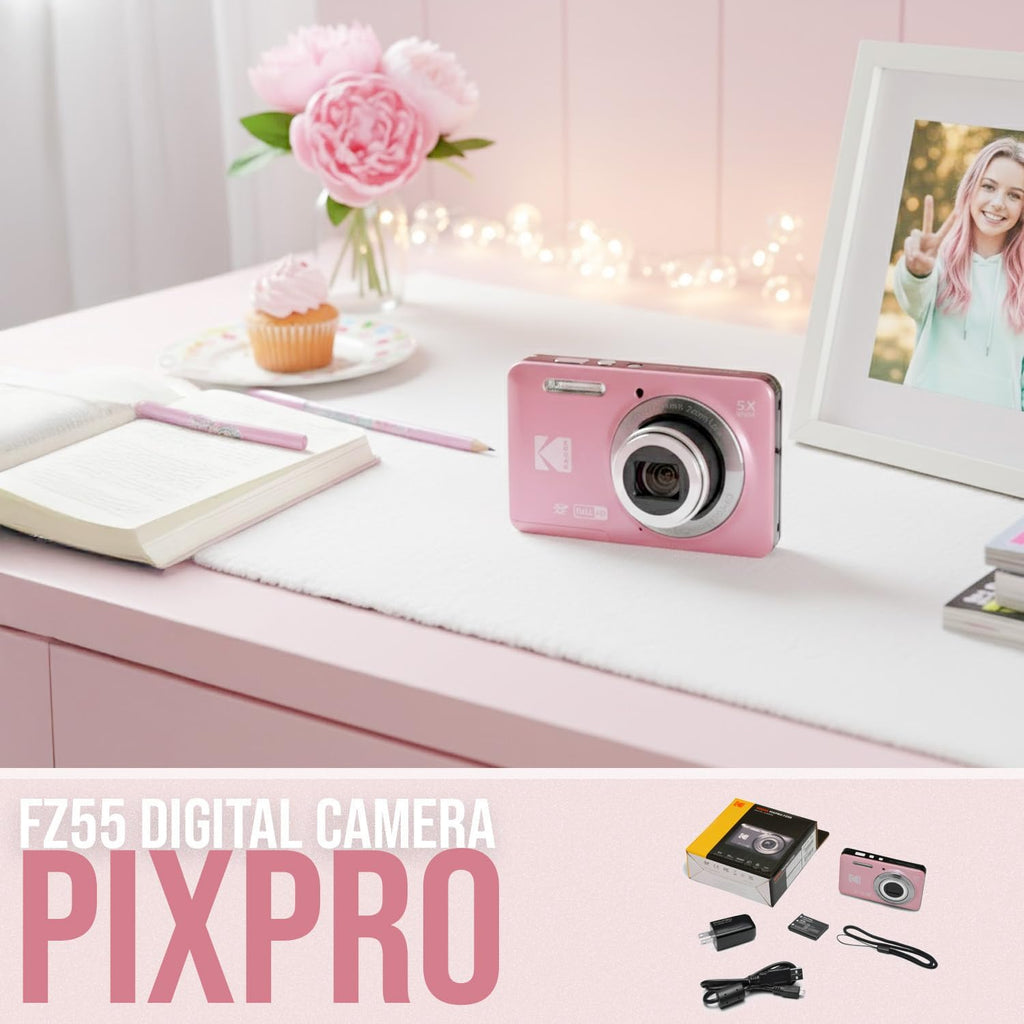 Kodak PixPro Friendly Zoom FZ55 16MP 1080p Full HD Digital Camera (Pastel Pink) Bundle with 128GB SD Card, Battery (2-Pack) and Travel Organizer (4 Items)