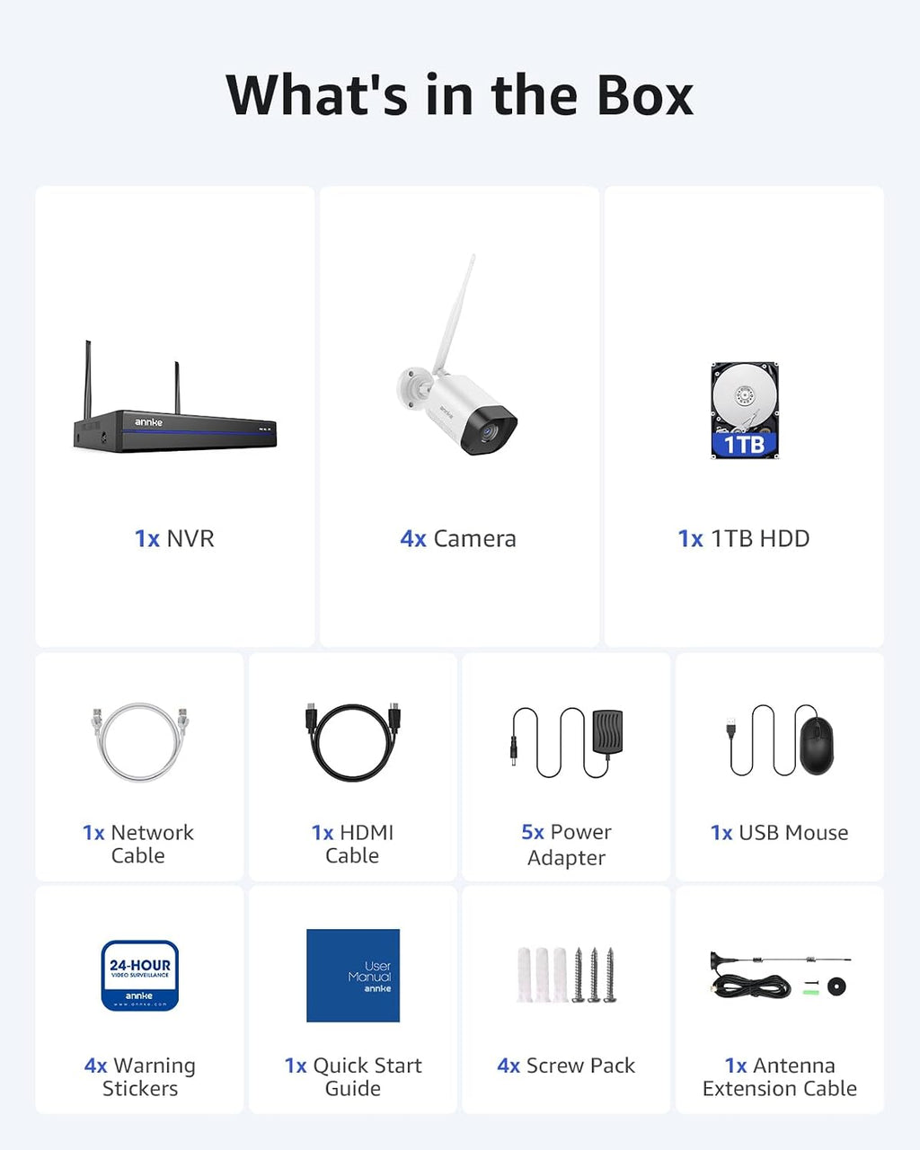 ANNKE Wireless Camera System, 16CH Expandable 4K Security NVR, 4Pcs 3MP Outdoor Cameras(Plug-in Power Required), 2-Way Audio, Dual-Band WiFi, Human Detection, IP66 Waterproof, 24/7 Protection, 1TB HDD