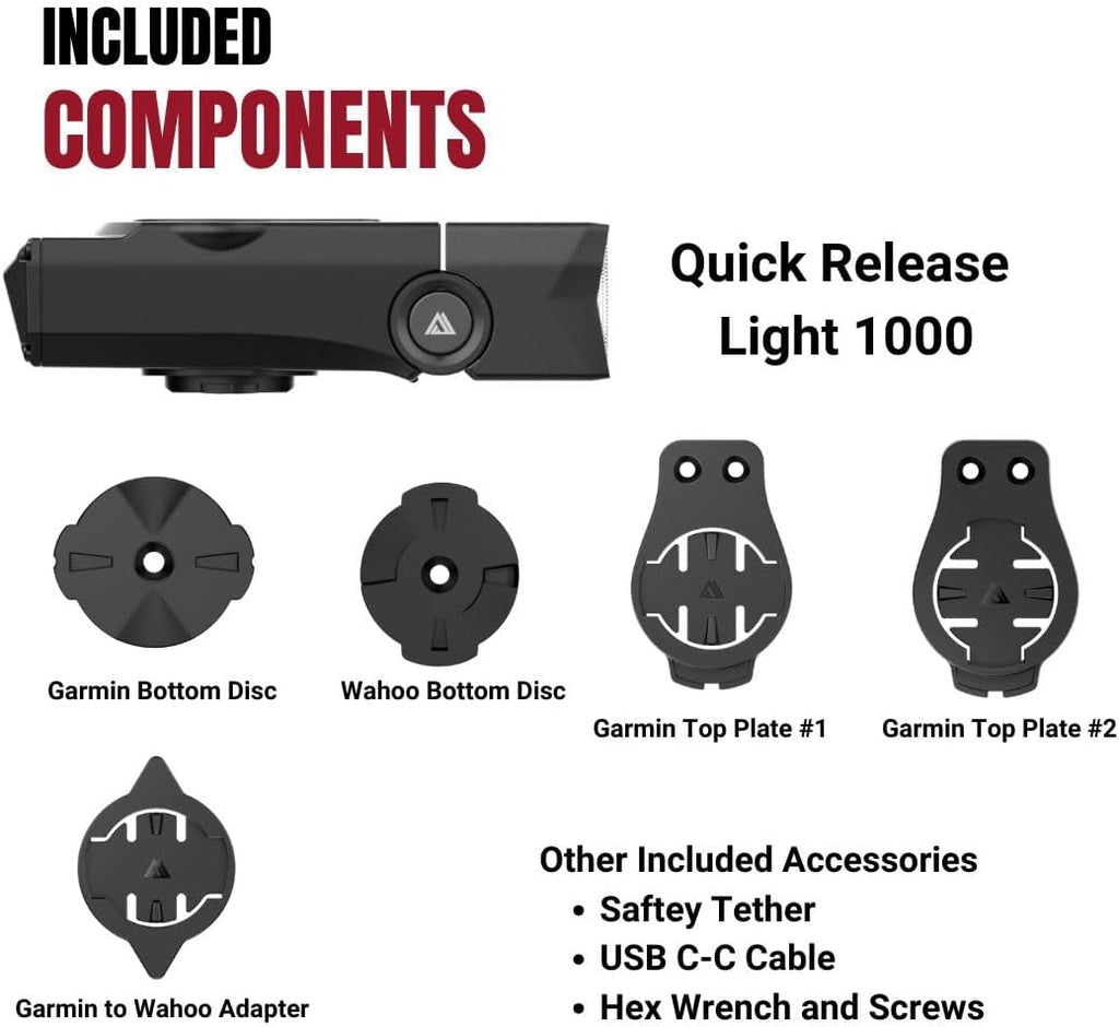 Quick Release 1000 Lumen Bike Front Light by KOM Cycling - Designed for Wahoo and Garmin Mounts with Quarter Turn - 6 Modes, Top or Bottom Mounting, 30 Degree Hinge