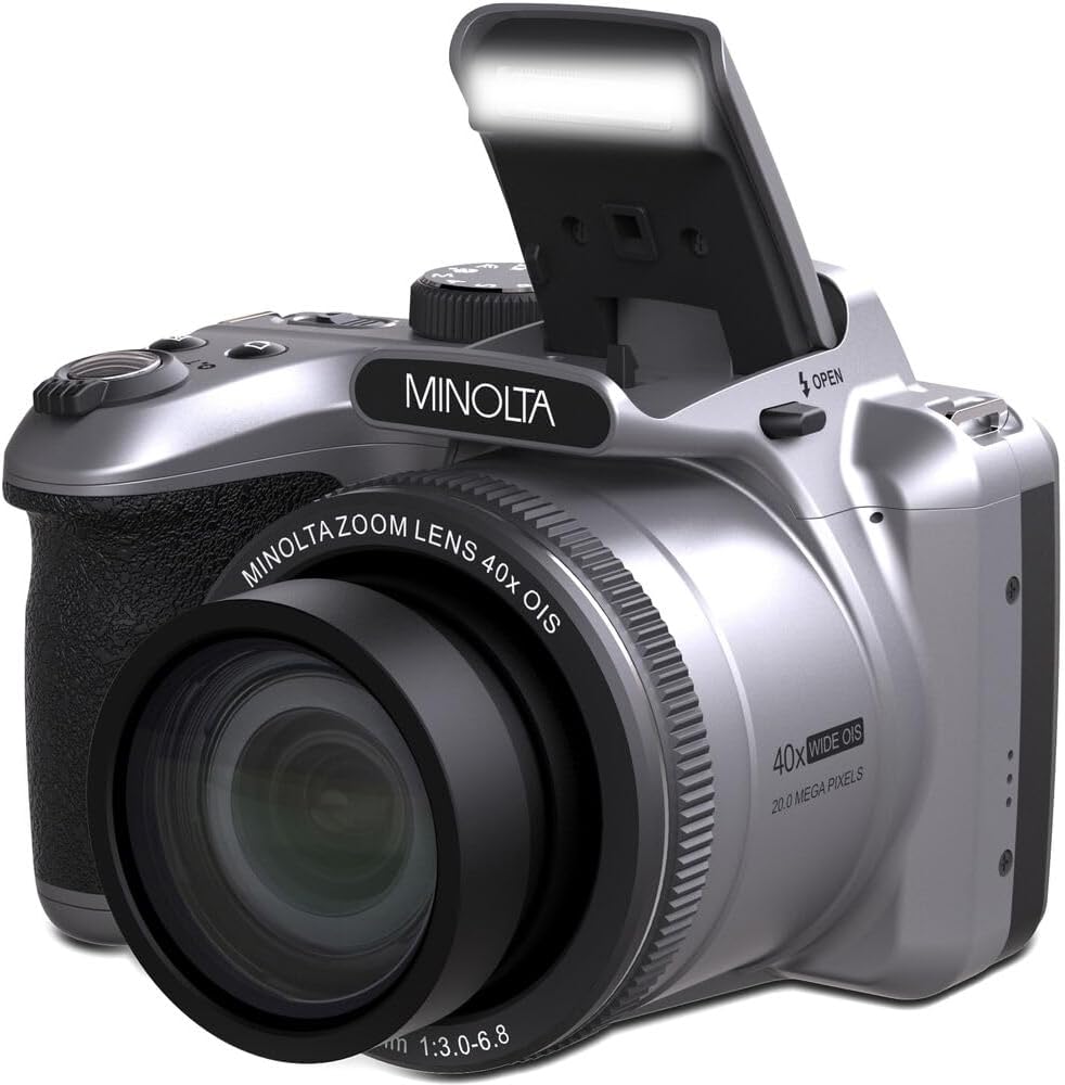 MINOLTA MN40Z 20 Mega Pixels 40x Optical Zoom Digital Camera with 1080p FHD Video, Silver, Bundle with 64GB Memory Card + Vlog Tripod + 4xAA Battery with Charger + Accessories