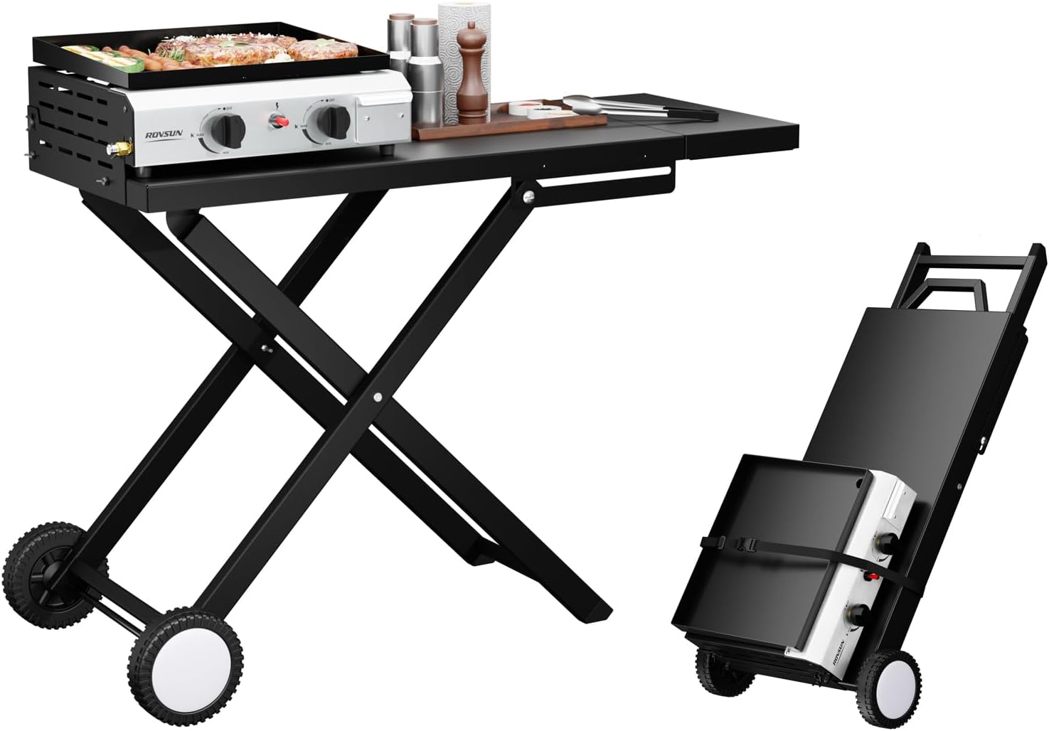 ROVSUN 2 Burner Foldable Propane Griddle with Wheels & Enameled Tray, 20000 BTU Portable Flat Top Gas Grill with Electronic Ignition & Regulator for Outdoor Cooking Camping BBQ Tailgating Picnicking