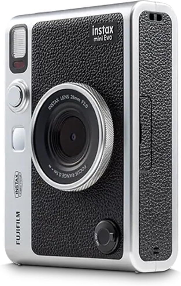 FUJIFILM INSTAX MINI EVO Hybrid Instant Camera | Black Bundle with Instax Mini Film | 20 Exposures + 64GB Micro SD Card + Mini Album, Borders, Stickers & Clips + Cleaning Cloth (5 Items)