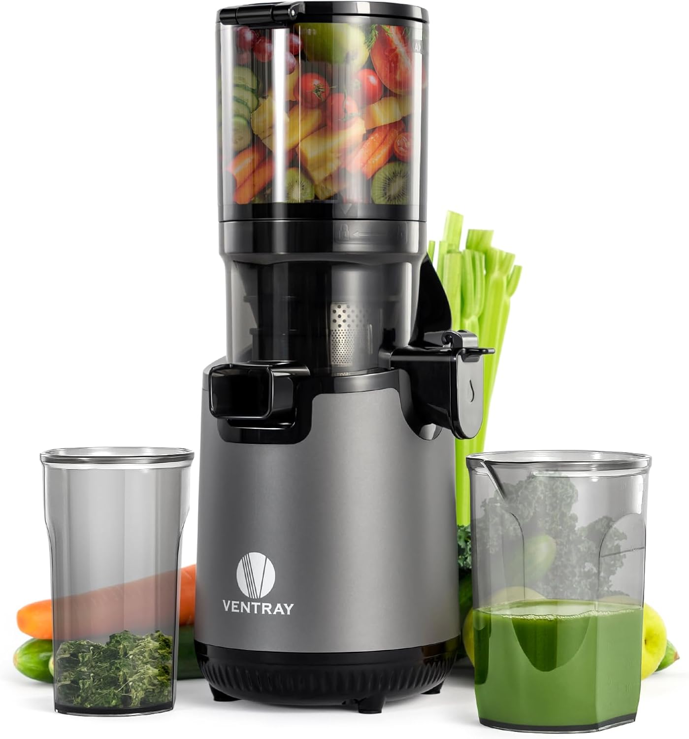 Ventray Slow Masticating Juicer Machine, 5.12' Extra Large Feed Chute Cold Press Juicer for Whole Vegetables & Fruits, 250w, High Juice Yield, Easy to Clean, with Brush, Fit for Batch Juicing
