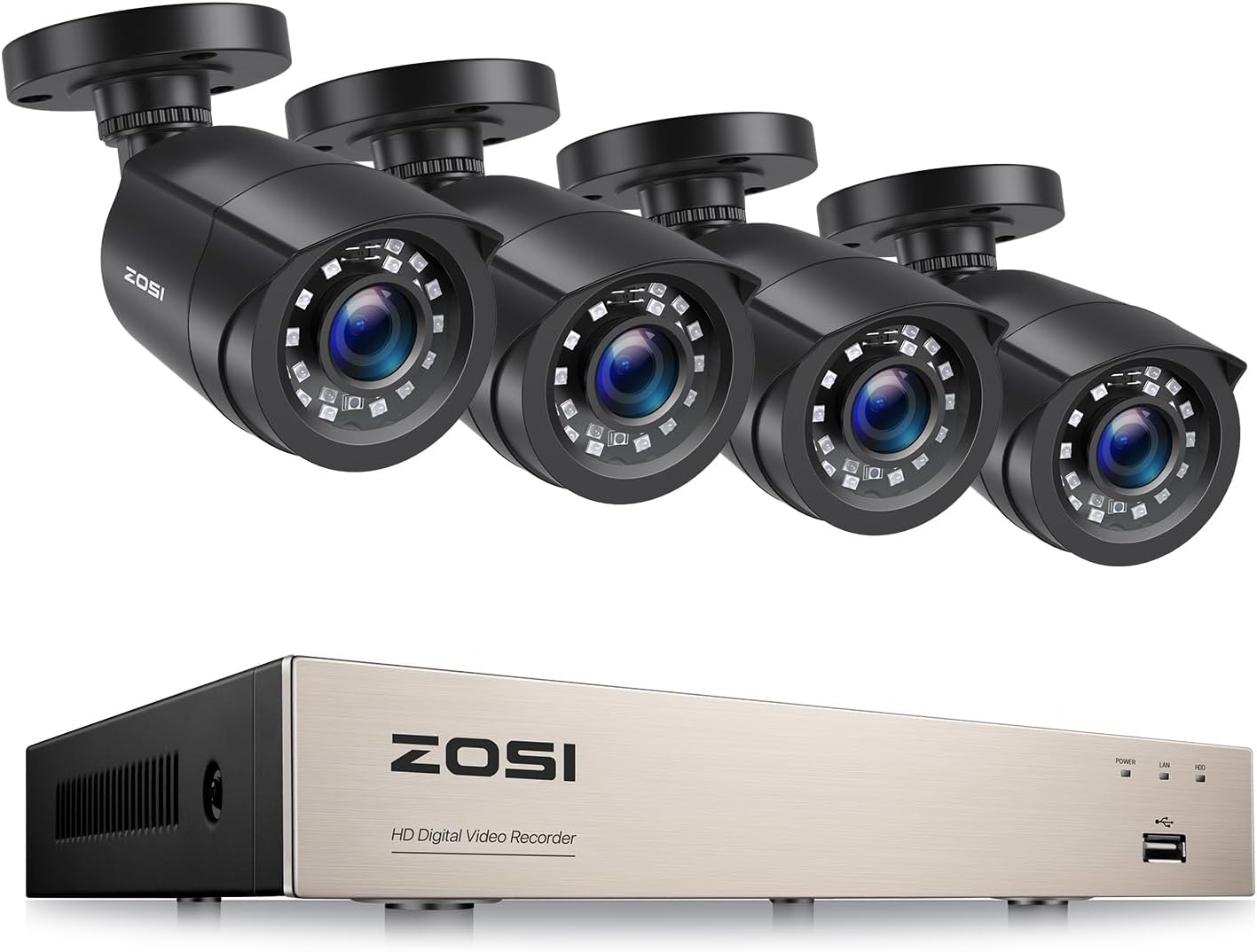 ZOSI 8CH CCTV Camera System, H.265+ 5MP Lite DVR Recorder with 4 x 1080P Outdoor Indoor Security Bullet Cameras, AI Human Vehicle Detection, 80ft Night Vision, Remote Access, NO Hard Drive