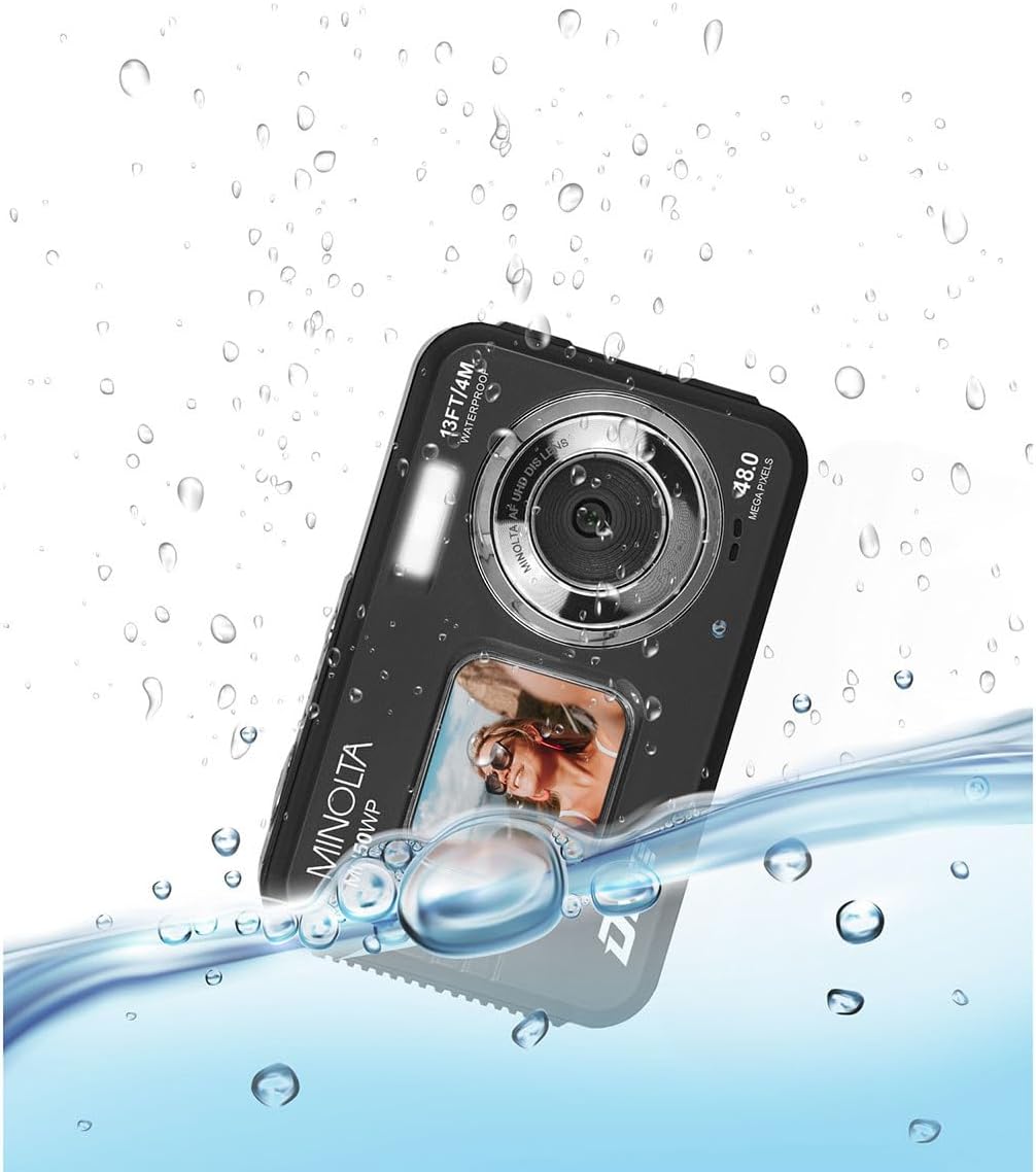 Minolta 48MP Underwater Digital Camera – 5K Ultra HD Video, Autofocus, 16x Digital Zoom, Dual LCD Screens, Selfie Front Screen, Waterproof to 13ft, Rechargeable Battery, 32GB Card (Black)