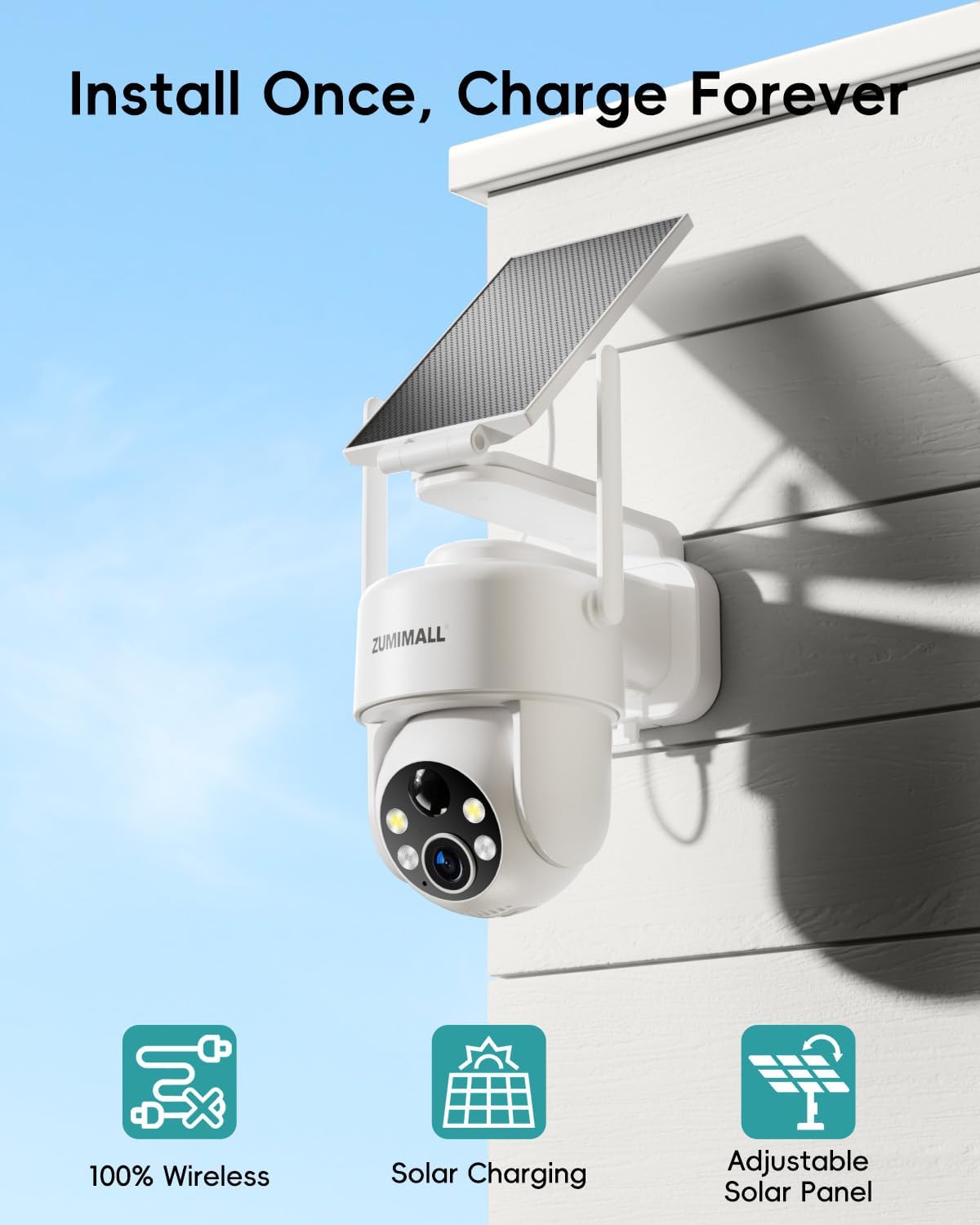 ZUMIMALL 2K Solar Security Cameras Wireless Outdoor 2-Pack, 360° PTZ Camera for Home Security with Color Night Vision, Flexible Mount, PIR Motion, 2-Way Talk, Free Cloud Storage, Work with Cloudedge