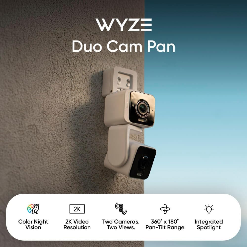 WYZE Duo Cam Pan 2 Pack, Indoor/Outdoor IP65 2K 360° Pan/Tilt Smart Home Security Camera with Color Night Vision, Compatible with Alexa & Google Assistant, White