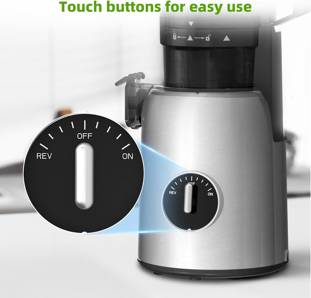 Crzoe 300W Cold Press Juicer with a 5.4 Wide Feed Chute for Whole Fruits and Vegetables,Vintage knob,Slow Masticating juicer, Easy to Clean and High juice Yield,Cylindrical body,Stainless Steel