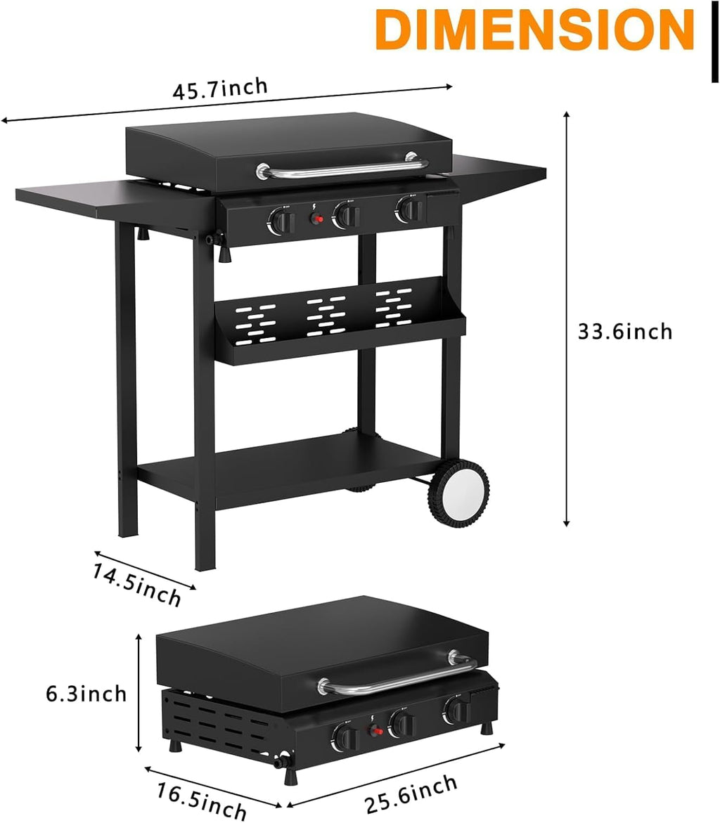 3 Burner BBQ Gas Griddle with Hood, 25.6 Inch Stainless Steel Portable Detachable Propane Griddle, 45,000 BTU Flat Top Grill with Side Shelves for Camping Tailgating, Black
