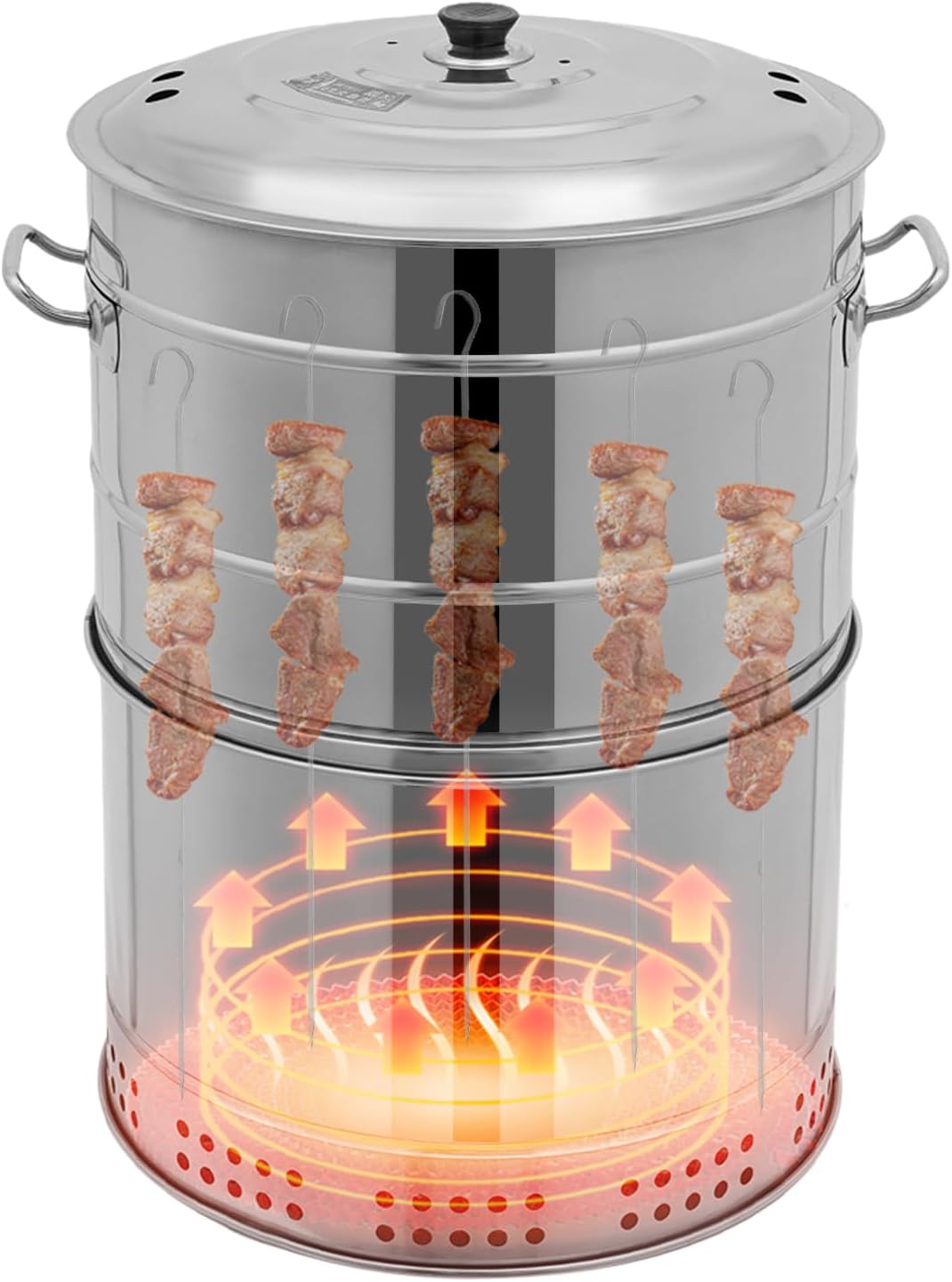 Portable Charcoal Grills, Stainless Steel 50 Skewer BBQ Drumstick Holder, 16' x 26' Cylinder, Freestanding Outdoor Barbecue Smoker, Oil Separation Design, for Camping, Parties, Patio