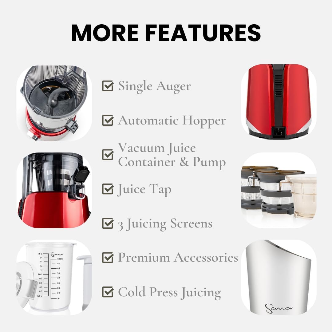 Sana 878 Self Feeding Batch Juicer | 3 Days of Cold Press Juicing Effortlessly | Most Convenient Juicer with Autopilot Configuration | Large Batch 2 Liter Capacity | Whole Fruits & Vegetables | Red