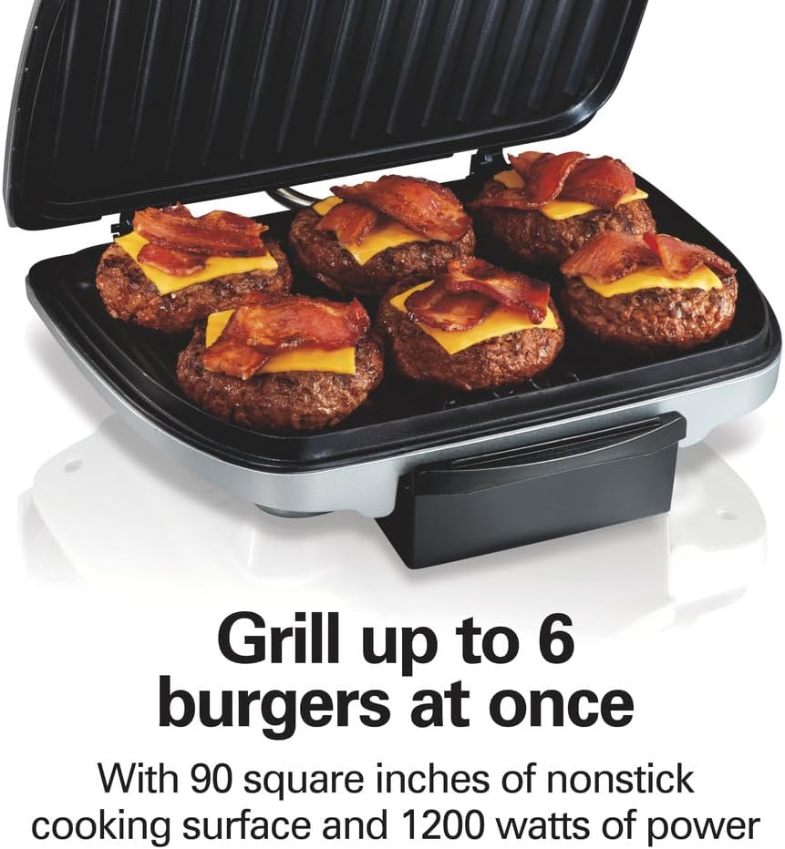 Hamilton Beach Electric Indoor Grill,6-Serving,Large 90 sq. in. Nonstick Easy Clean Plates,Floating Hinge for Thicker Foods,1200 Watts,6.38'D x 12.68'W x 13.78'H,Silver (25371),(Pack of 2)