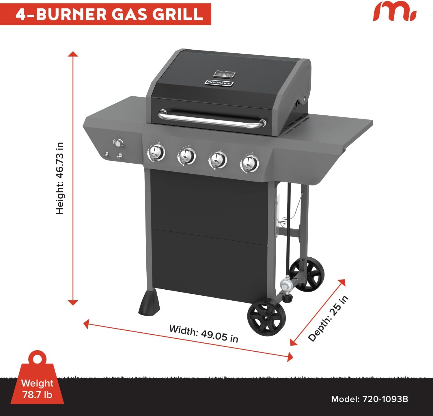 Megamaster 4-Burner Propane Gas Grill with Side Tables, 44,000BTUs, 566.92 SQ. In. Cooking Space, 2 Wheel Transport, Outdoor Kitchen Grill for BBQs, Backyards, Tailgating, and More - 720-1093B