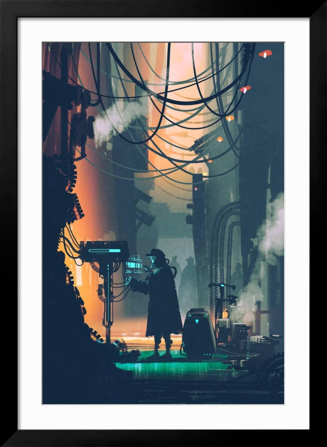 ART.COM Wall Art Print Sci-Fi Scene of Robot Using Futuristic Computer in City Street,Illustration Painting on Black Frame by Tithi Luadthong, 32' x 44'
