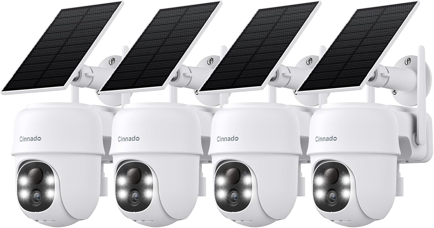 Cinnado 2K Cameras for Home Security-2.4G WiFi Outdoor Camera Wireless Solar/Battery Powered, 360° Viewing, Human Detection, Color Night Vision, Cloud/SD Storage B6 (B6-White-4pack-2.4G)