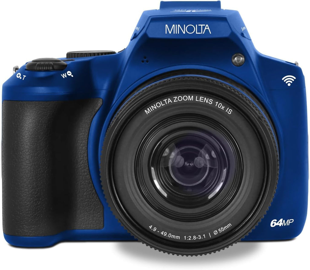 Minolta ProShot 64MP Digital Camera – 10x Optical Zoom, 4K Ultra HD Video, Macro Shooting, Anti-Shake, 3-inch LCD Screen, Face Detection – Includes 32GB SD Card, Battery & Case (Blue)