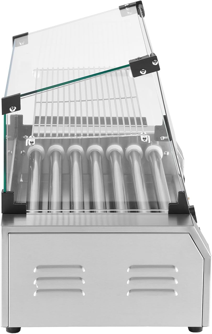 VEVOR Hot Dog Roller, 18 Hot Dog 7 Rollers, Stainless Steel Sausage Grill Cooker, 1050W Commercial Hot Dog Machine with Dual Temp Control, Cover, Side Storage Box, Removable Shelf & Oil Drip Tray