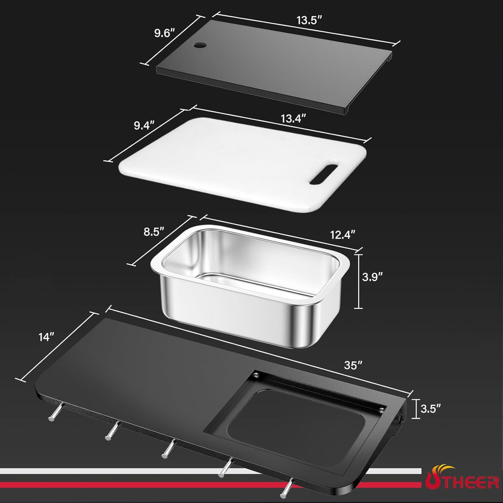 Utheer Front Folding Grill Table for Weber Searwood XL 600 – 35' x 12.5' Large Front Shelf with Stainless Steel Basin, Works Cutting Board, Lid & 5 Hooks, Heavy-Duty Weber Searwood XL 600 Accessories