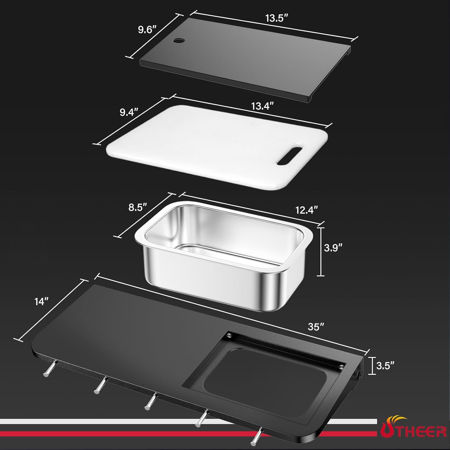 Utheer Front Folding Grill Table for Weber Searwood XL 600 – 35' x 12.5' Large Front Shelf with Stainless Steel Basin, Works Cutting Board, Lid & 5 Hooks, Heavy-Duty Weber Searwood XL 600 Accessories