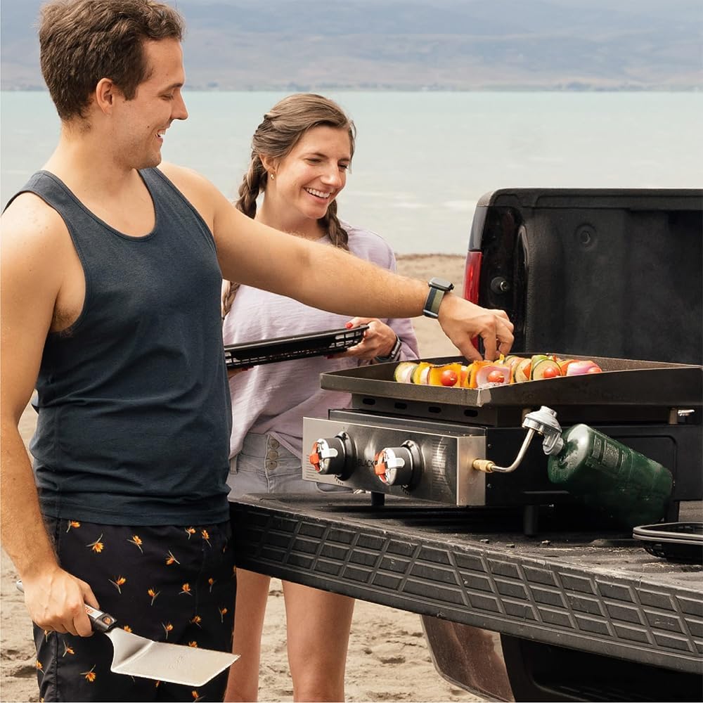 Blackstone 22' Omnivore Tabletop Outdoor Griddle Travel Bundle - Dual Stainless Steel H-Burners, 24,000 BTUs - Includes Propane Adapter and Soft Cover