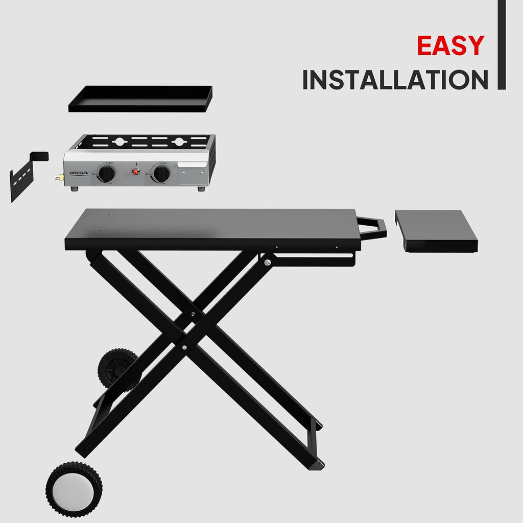 ROVSUN 20000 BTU Foldable Flat Top Gas Grill with Wheels & Enameled Tray, 2 Burner Portable Propane Griddle with Electronic Ignition & Regulator for Outdoor Cooking Camping BBQ Tailgating Picnicking