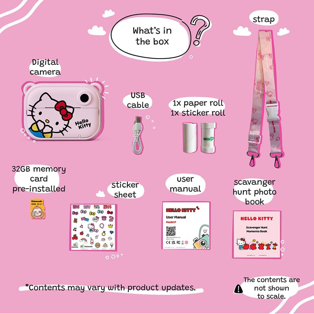 kiimento Sanrio Licensed Instant Print Digital Camera, Best Travel Buddy Hello Kitty, 2.4' HD Screen, Ink-Free B&W Printing, Selfie Lens, 1080p Video, 32GB Memory Card (Model P)