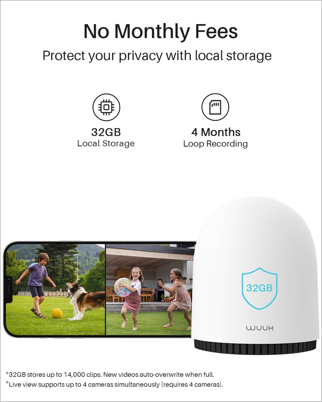 WUUK Security Cameras Wireless Outdoor, Indoor Home Surveillance System, 2K, No Monthly Fee, Motion Alert, Night Vision, 2.4/5 GHz WiFi, 32G Local Storage, Compatible with Alexa & Google, 4-Camera Kit
