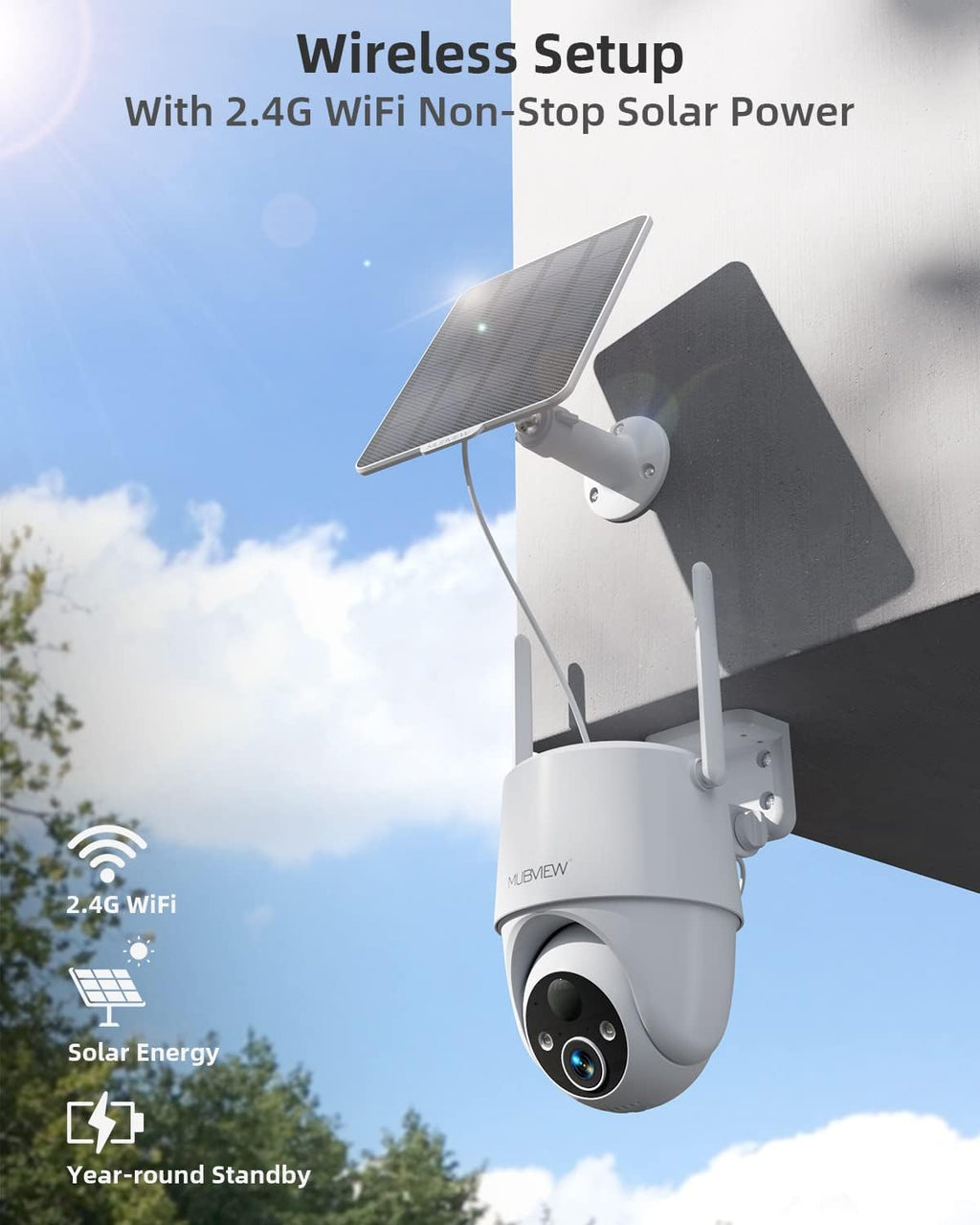 MUBVIEW 2K Solar Security Cameras Wireless Outdoor, 360° PTZ Battery Powered Outdoor Camera, 2.4Ghz WiFi Home Security Camera, Color Night Vision, Motion Detection, 2-Way Audio, 2-Pack