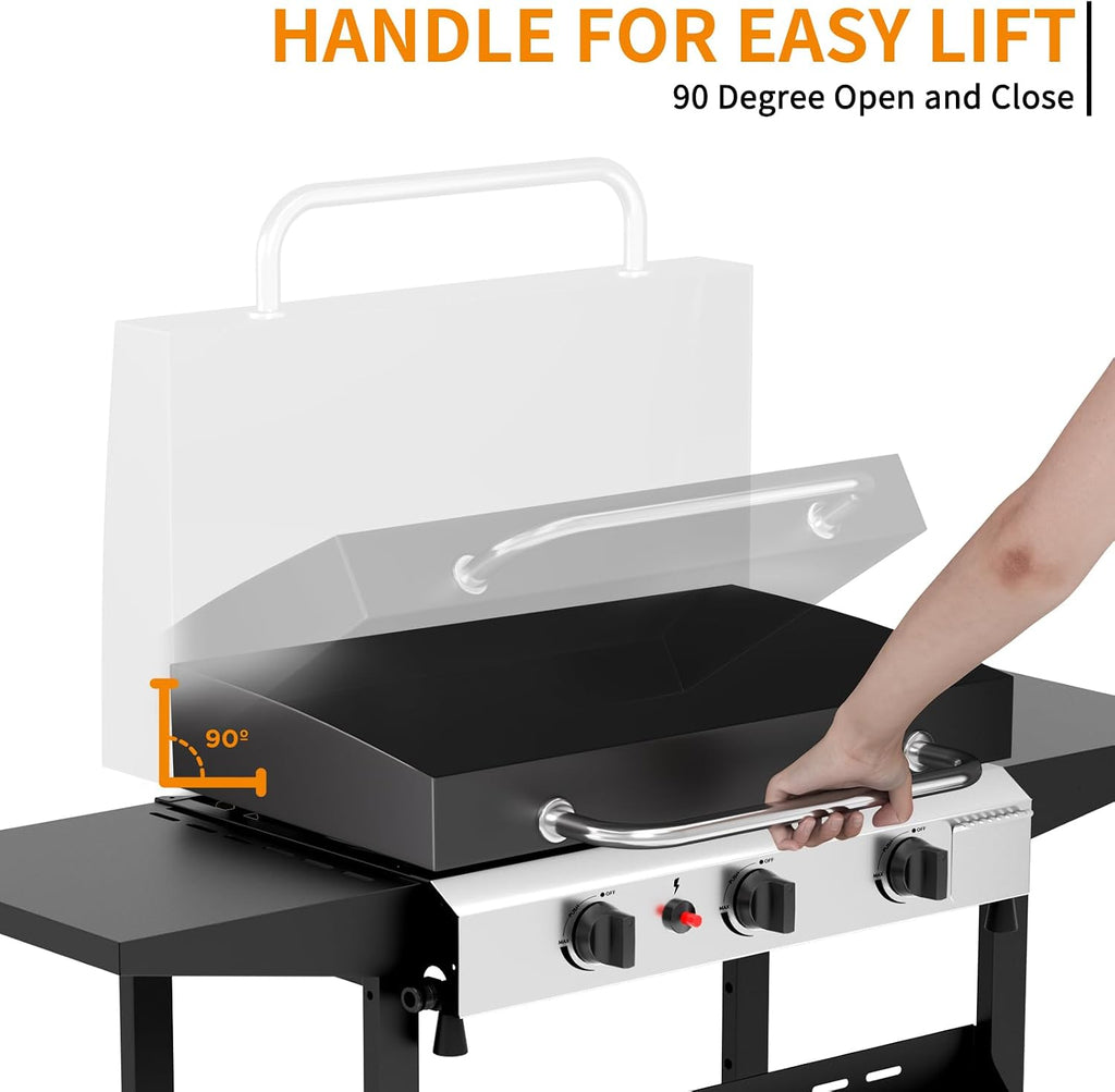 3 Burner BBQ Gas Griddle with Hood, 25.6 Inch Stainless Steel Portable Detachable Propane Griddle, 45,000 BTU Flat Top Grill with Side Shelves for Camping, Silver