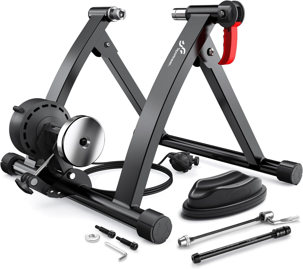 Sportneer Bike Trainer - Magnetic Stationary Bike Stand for 26-28' & 700C Wheels - Adjustable 6 Level Resistance Bike Trainer Stand for Indoor Riding with Quick Release Lever & Front Wheel Riser Block
