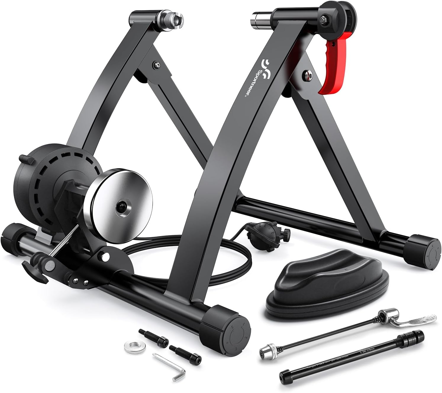 Sportneer Bike Trainer - Magnetic Stationary Bike Stand for 26-28' & 700C Wheels - Adjustable 6 Level Resistance Bike Trainer Stand for Indoor Riding with Quick Release Lever & Front Wheel Riser Block