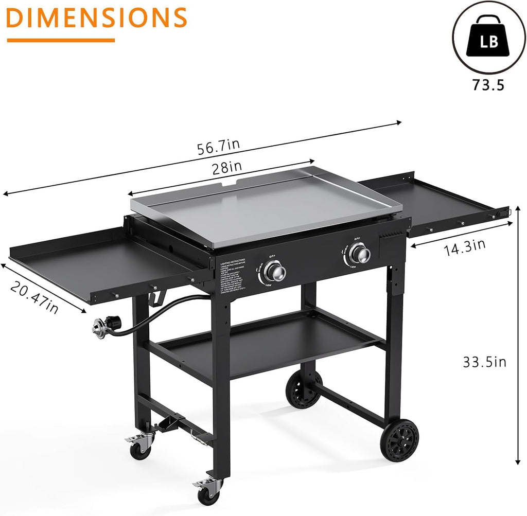SKOK Foldable Gas Griddle-28 Inch Outdoor Propane Griddle, Portable Flat Top Gas Grill -30000 BTU Propane Fuelled, 2 Burners Table Top Griddle Station with Side Shelves
