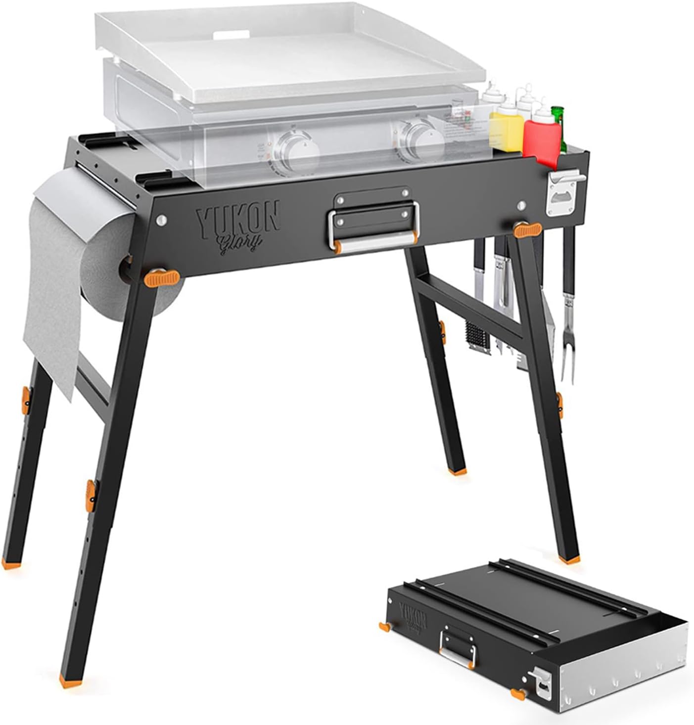 Yukon Glory™ Universal Portable Grill Table/Flat Top Grill Griddles Stand with Built in Caddy - Designed to Fit Tabletop Blackstone Griddle & Many Others - Outdoor Cooking Camping & Tailgating