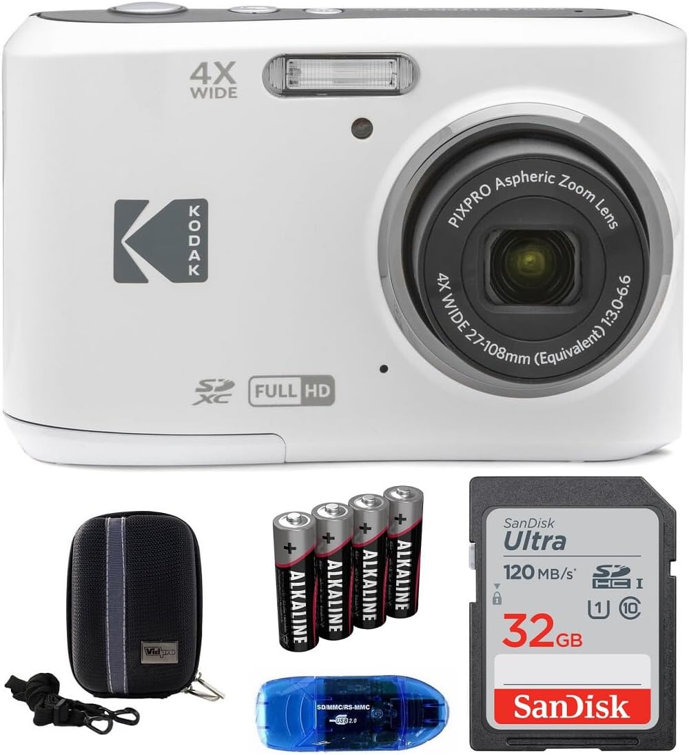Kodak Pixpro FZ45 Digital Camera Bundle, Includes: SanDisk 32GB Memory Card, Spare Batteries, Hard Shell Camera Case and Card Reader (5 Items) (White)