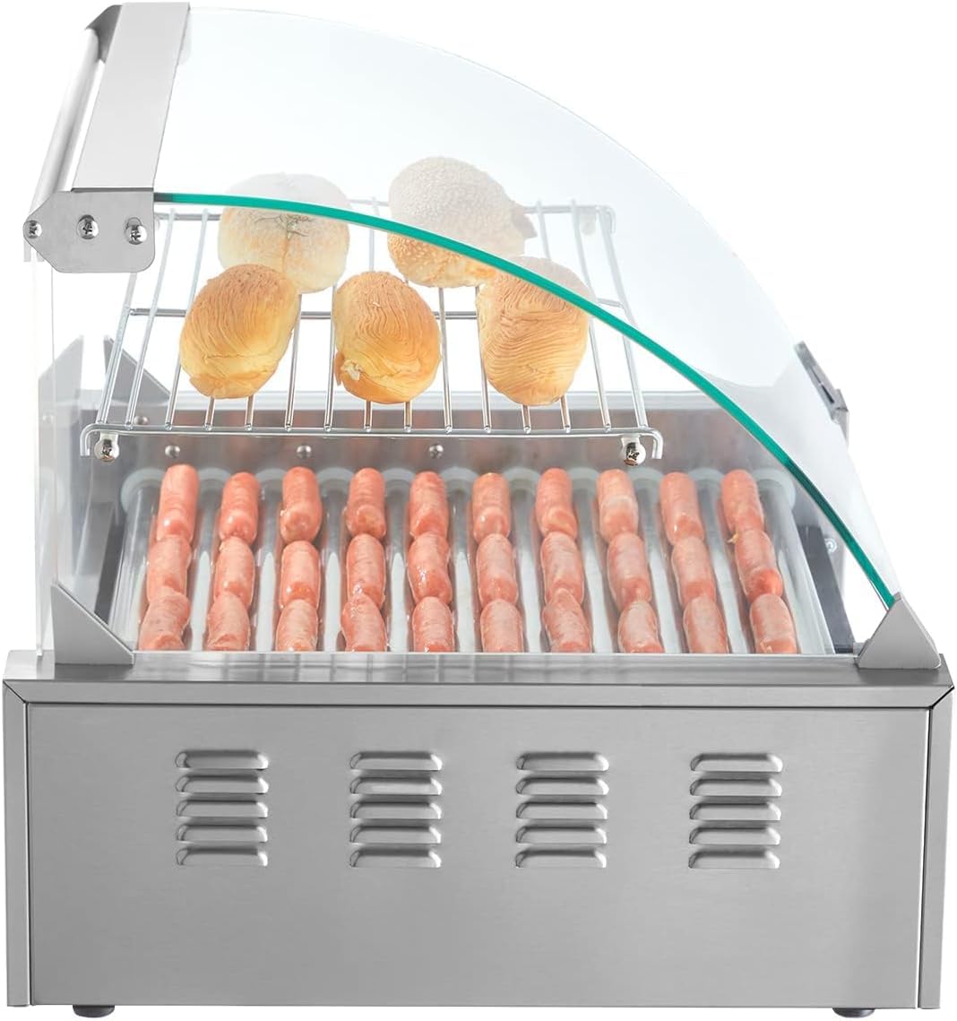 VEVOR Hot Dog Roller, 30 Hot Dog Capacity 11 Rollers, 1800W Stainless Steel Cook Warmer Machine w/Cover & Dual Temp Control, LED Light & Detachable Drip Tray, Sausage Grill Cooker for Kitchen Canteen