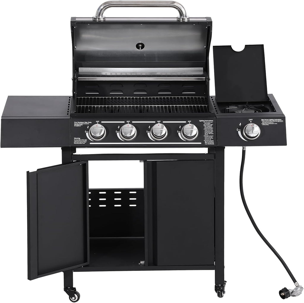 4-Burner Propane Gas BBQ Grill High-Strength Cast Iron with Side Burner, Portable 50,000 BTU Barbecue Grills with 4 Wheels and 449 SQ.IN. Cook Area for Outdoor Cooking and Backyard BBQ (Black)
