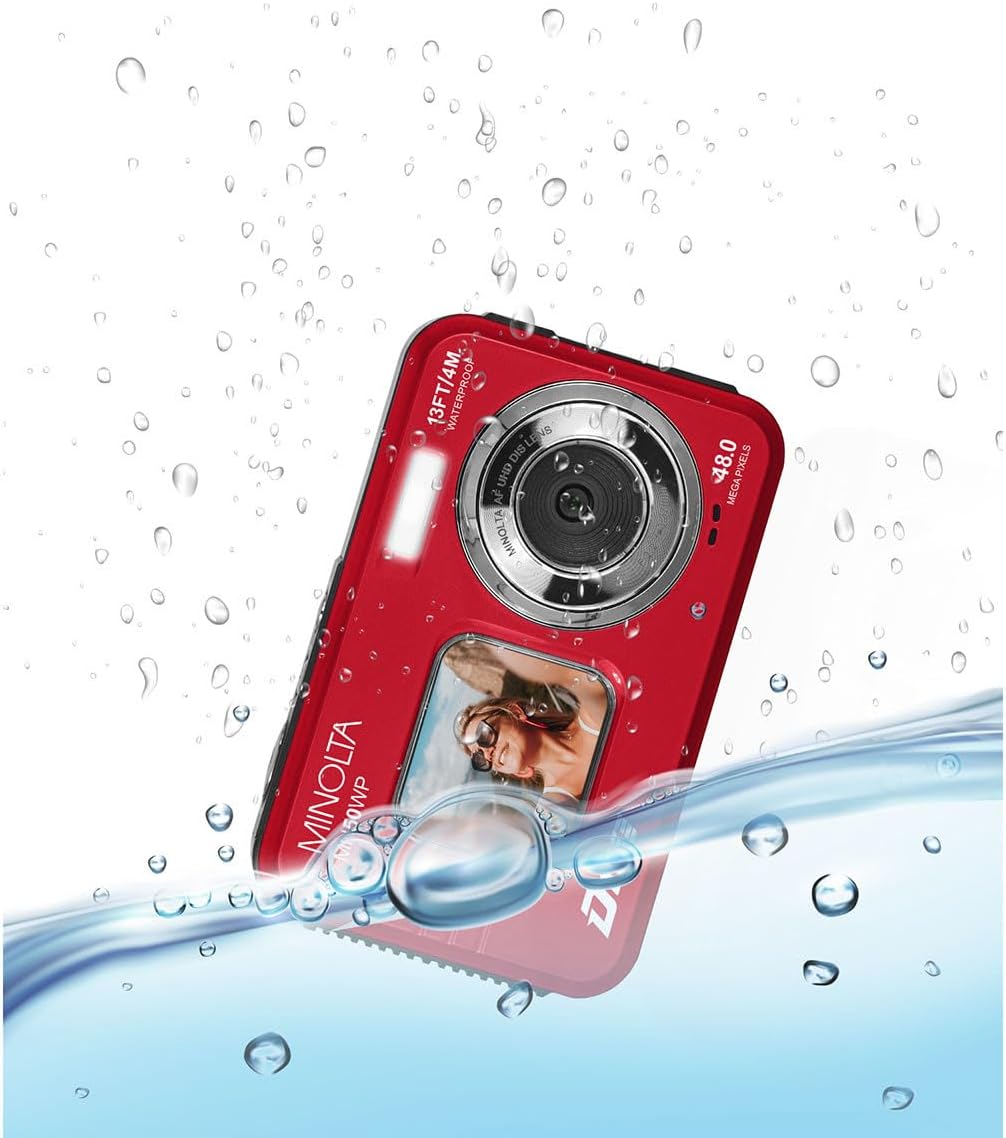 Minolta 48MP Underwater Digital Camera – 5K Ultra HD Video, Autofocus, 16x Digital Zoom, Dual LCD Screens, Selfie Front Screen, Waterproof to 13ft, Rechargeable Battery, 32GB Card (Red)