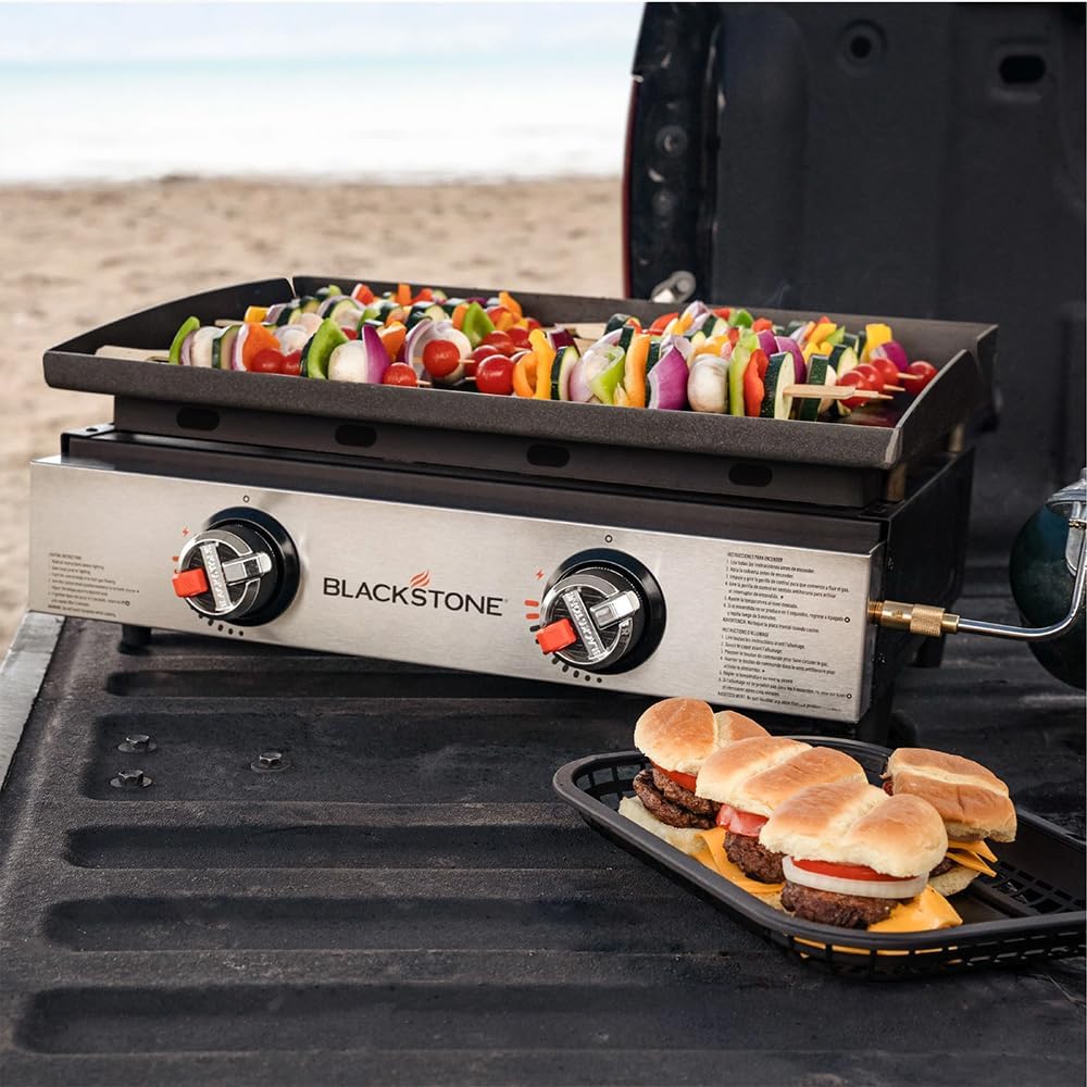 Blackstone 22' Omnivore Tabletop Outdoor Griddle Travel Bundle - Dual Stainless Steel H-Burners, 24,000 BTUs - Includes Propane Adapter and Soft Cover