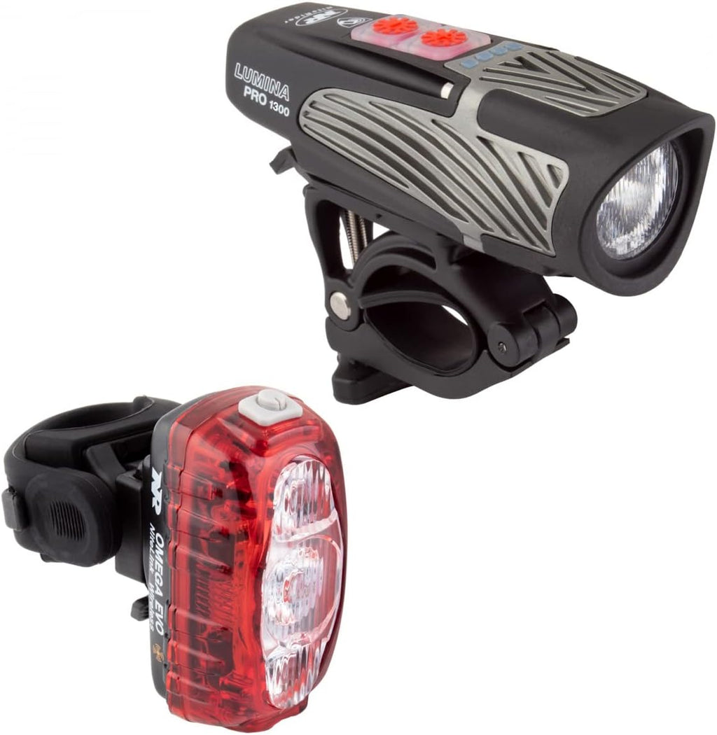 NiteRider Lumina Pro 1300 + Omega 330 EVO Bike Light Set NiteLink Wireless Connect USB-C Rechargeable Bicycle LED Front and Rear Combo IP64 Waterproof Mountain Road Commuting Cycling Safety Flash