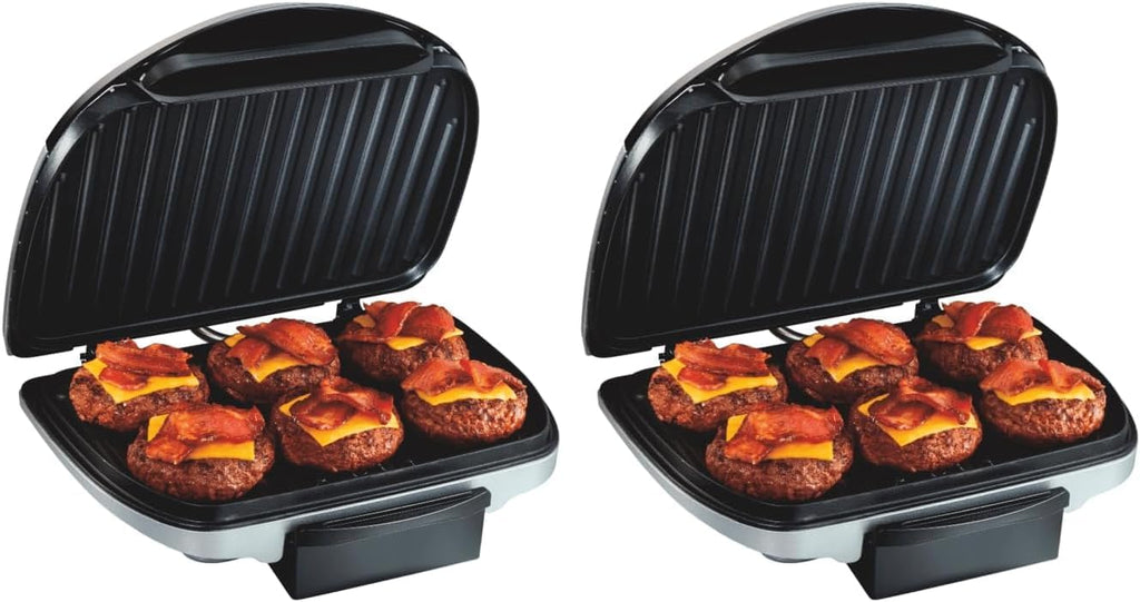 Hamilton Beach Electric Indoor Grill,6-Serving,Large 90 sq. in. Nonstick Easy Clean Plates,Floating Hinge for Thicker Foods,1200 Watts,6.38'D x 12.68'W x 13.78'H,Silver (25371),(Pack of 2)