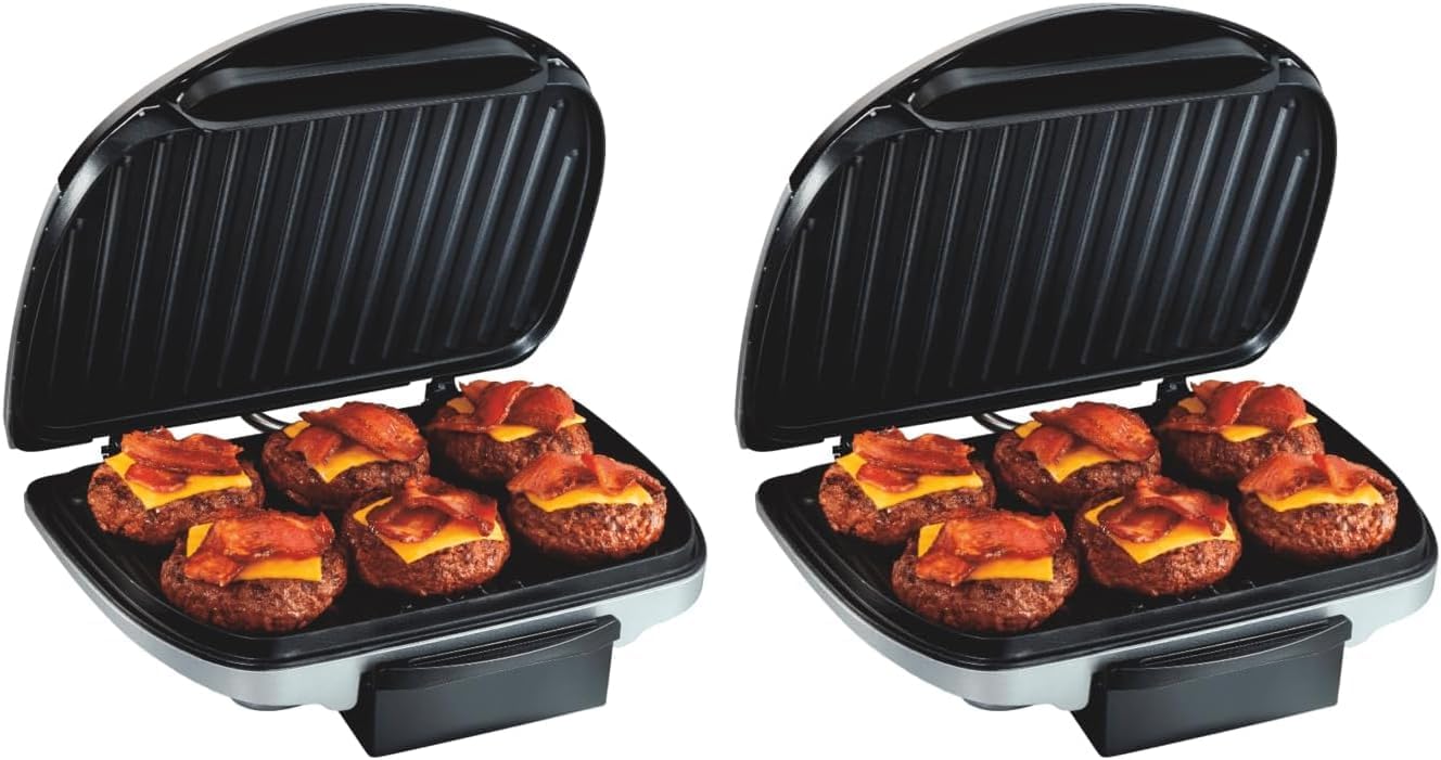 Hamilton Beach Electric Indoor Grill,6-Serving,Large 90 sq. in. Nonstick Easy Clean Plates,Floating Hinge for Thicker Foods,1200 Watts,6.38'D x 12.68'W x 13.78'H,Silver (25371),(Pack of 2)