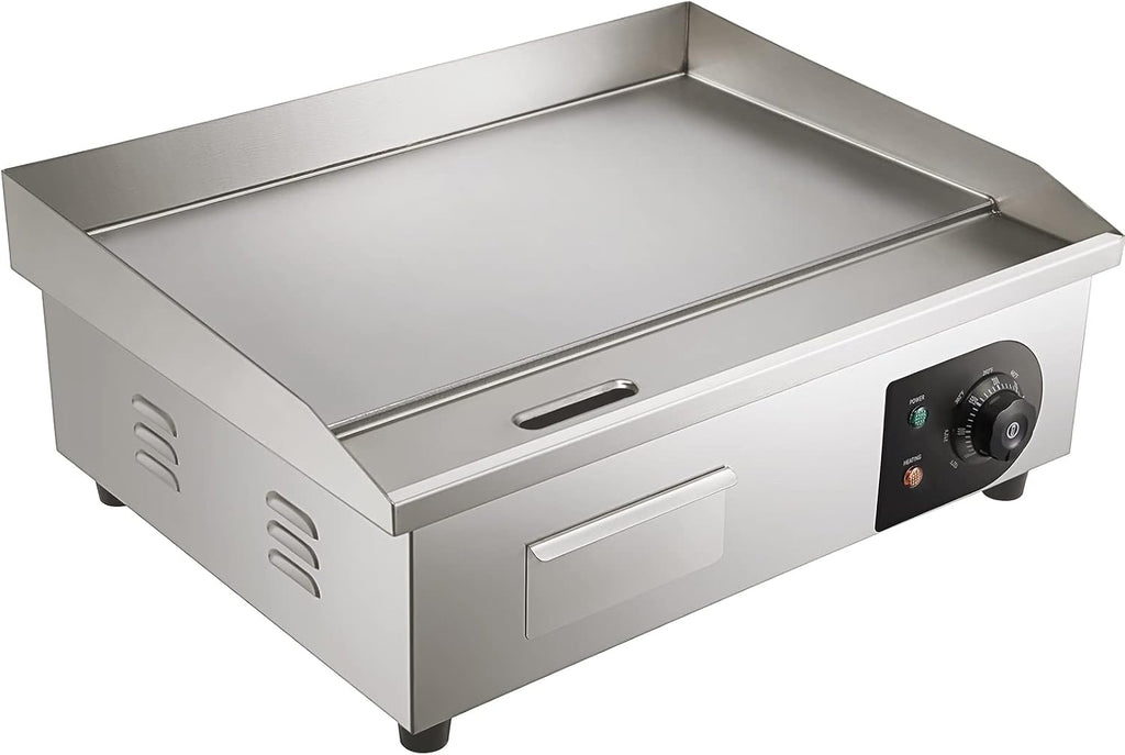 VEVOR Commercial Electric Griddle, 22', 1600W Countertop Flat Top Griddle, Stainless Steel Teppanyaki Grill w/Iron Cooking Plate, 122-572℉ Adjustable Temp Control 2 Shovels & Brushes, 110V