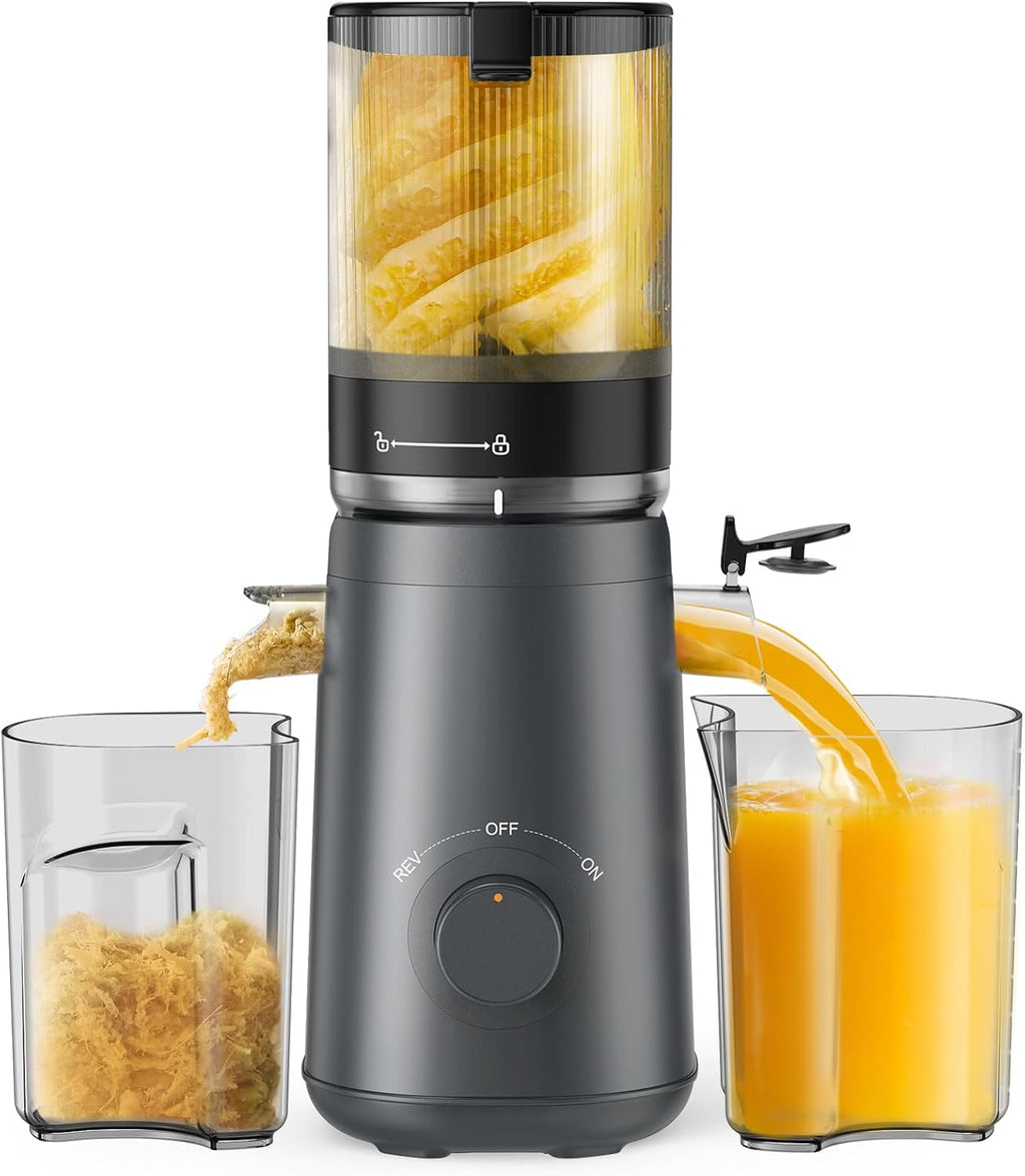 TUUMIIST Cold Press Juicer Machine, 5.3 Inch Extra Large Feed Chute for Whole Fruits, Easy to Clean Slow Juicer, High Yield, BPA Free - Grey