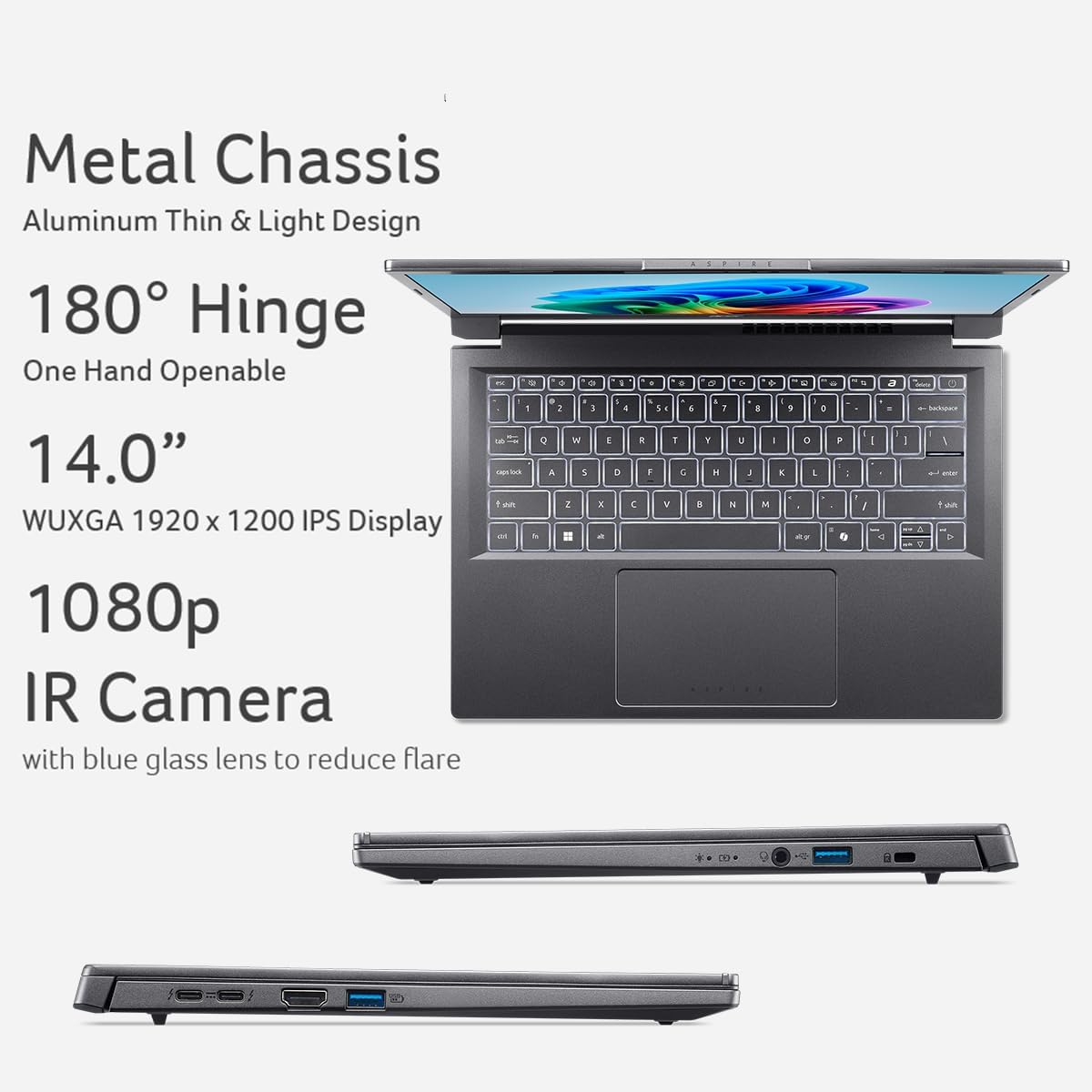 Acer Aspire 14 AI Copilot+ PC | 14' WUXGA Display | Intel Core Ultra 7 Processor 256V | NPU: Up to 47 Tops - GPU: Up to 64 Tops | Intel ARC 140V | 16GB LPDDR5X | 1TB SSD | Wi-Fi 6E | A14-52M-72S0