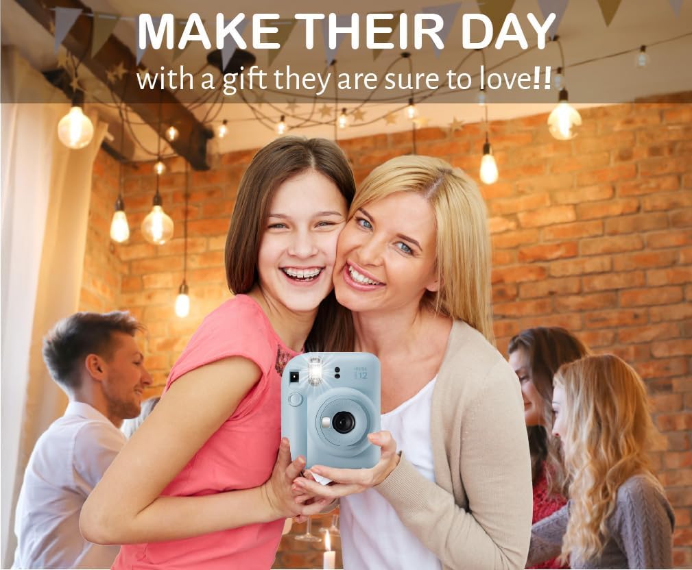 Fujifilm Instax Mini 12 Instant Film Camera Pastel Blue, Fujifilm Instax Mini Twin Pack Instant Film 20 Prints, Prtotective Case, Gift Bundle