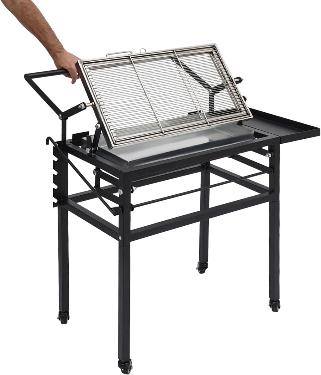 Charcoal Flip Grill, 360° Rotating Barbecue Grill, Portable Charcoal Grill with Wheels, Adjustable Frame Tabletop BBQ Grill for Outdoor Picnics, Camping