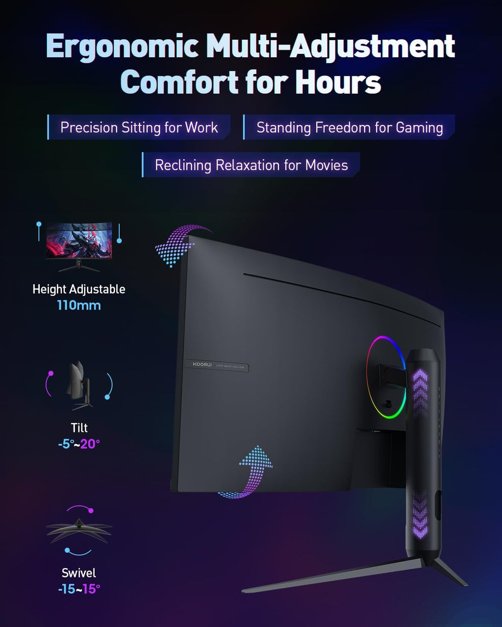 KOORUI 34' Ultrawide Curved Gaming Monitor, 240Hz, WQHD 3440×1440, 1500R Immersive Display, Adaptive Sync, 1ms, DIC-P3 98%, HDR400, HDMI 2.1/DP 1.4, VESA, for PC Gaming, Work & Play