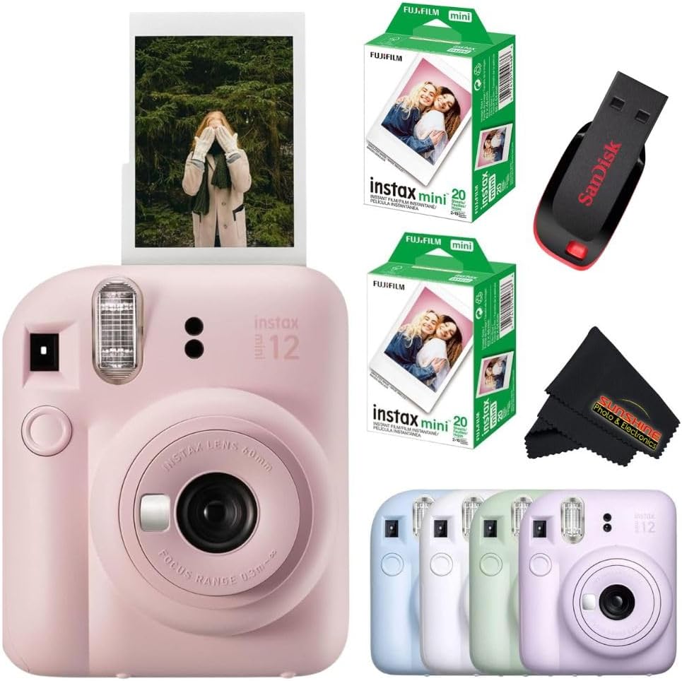 Fujifilm Instax Mini 12 Instant Camera Blossom Pink with Sandisk 32 GB USB Flash Drive + 40 Sheets Fujifilm Instax Mini Film Bundle, Sunshine Photo Microfiber Cleaning Cloth Included