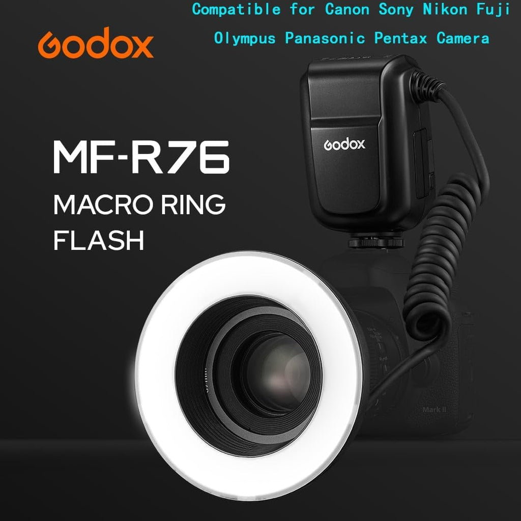 Godox MF-R76 LED Micro Ring Flash with 2600mAh Li-ion Battery and LCD Display Adapter Rings for Canon Sony Nikon Fuji Olympus Panasonic Pentax Camera Flash Speedlight Speedlite Light